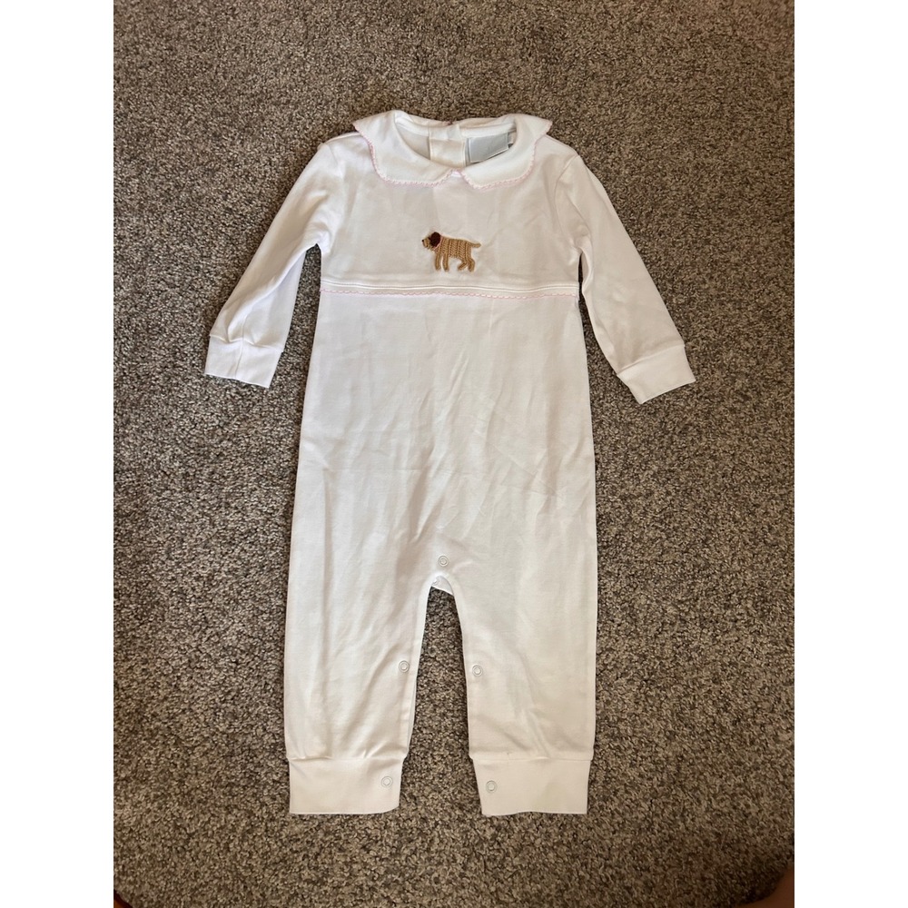 Little English Baby Girls White Crochet Puppy Dog Romper Pink Picot Trim 9M